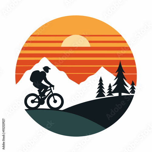 Minimalist Vector Design Lone Biker on Mountain Trail at Sunset Art vector illustration