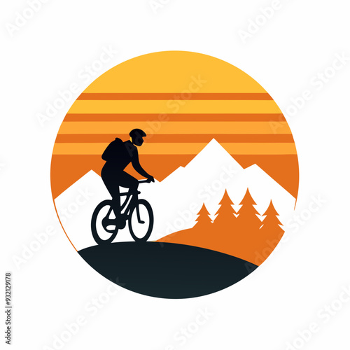 Minimalist Vector Design Lone Biker on Mountain Trail at Sunset Art vector illustration