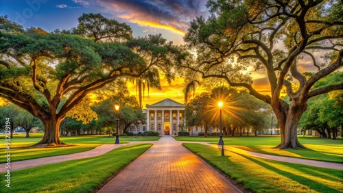 Historic Academic Plaza at sunset, with majestic oak trees, manicured lawn, and iconic buildings, showcasing the rich heritage of a esteemed southern university. photo