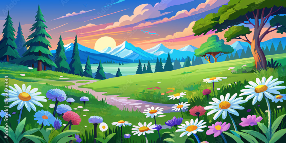 Fototapeta premium meadow with flowers and mountains