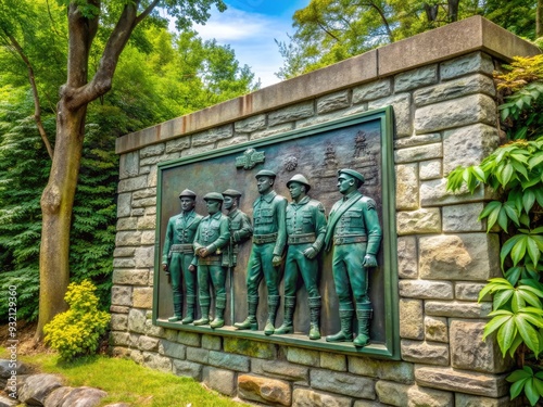 Historic bronze plaque commemorating military history and heritage mounted on a stone wall amidst lush greenery in Point Pleasant Park, Halifax, Nova Scotia, Canada. photo