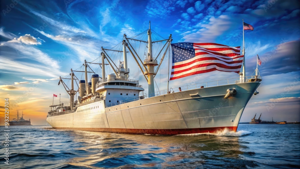 Naklejka premium Historic liberty ship, symbol of American perseverance, majestically sails through calm waters, proudly displaying its patriotic flags and nostalgia-tinged, vintage cargo holds.