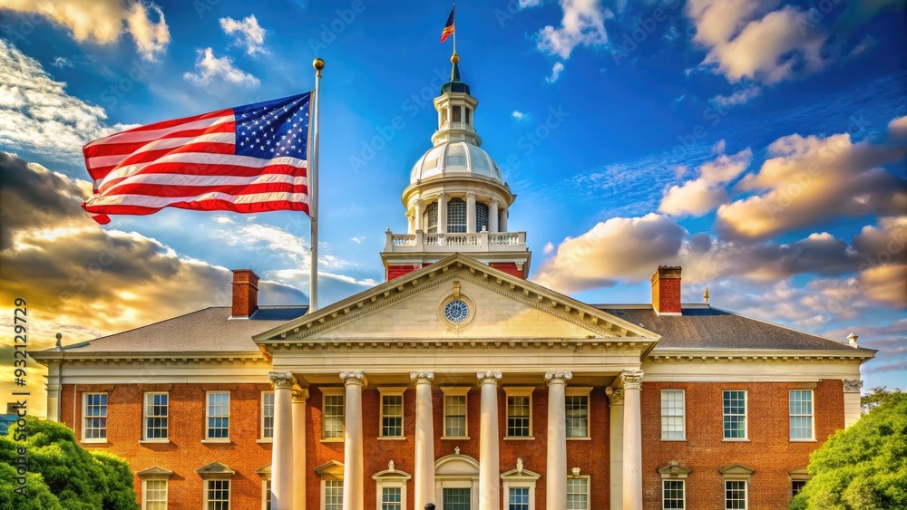 Obraz premium Historic Maryland State House in Annapolis, with American flag waving, surrounded by columns and elegant architecture, symbolizing state government and legislative power.