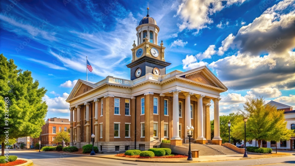 Historic neoclassical-style courthouse building with columns and clock tower stands proudly in the center of a bustling small town's scenic downtown area. Historic neoclassical-style courthouse building with columns and clock tower stands proudly in the center of a bustling small town's scenic downtown area.