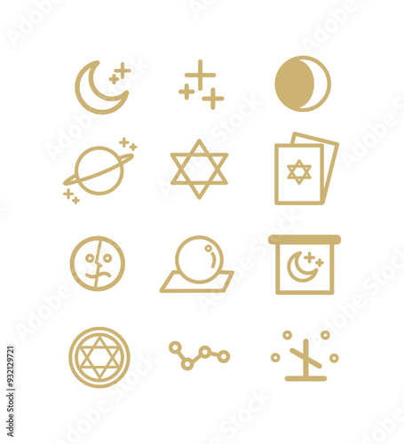 Occultism icon set. Occultism, spiritism, tarot, pentagram, mystery, future telling, crystal ball. Abstract mystic astrology concept. vector design isolated illustration.