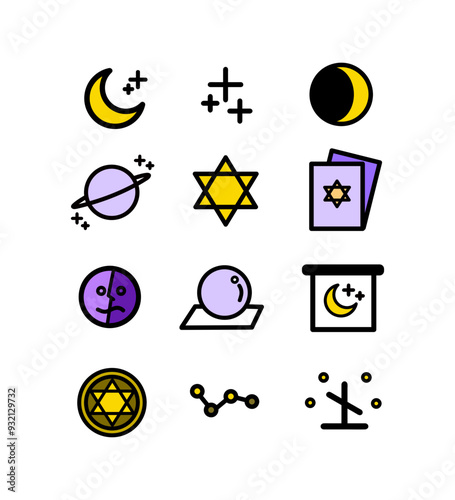 Occultism icon set. Occultism, spiritism, tarot, pentagram, mystery, future telling, crystal ball. Abstract mystic astrology concept. vector design isolated illustration.