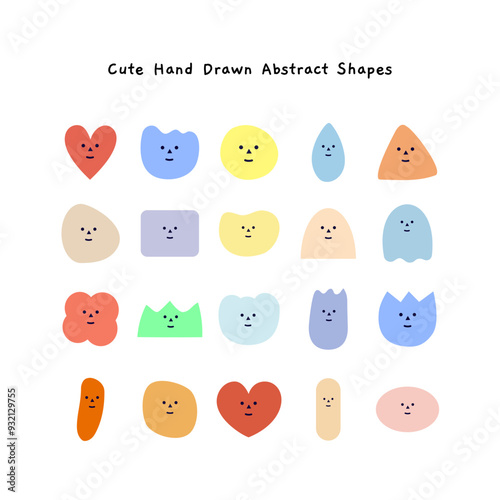 Set of cute colorful hand drawn abstract geometric shapes cartoon character. Education, learning, creativity concept. Flat decorative vector design isolated illustration.