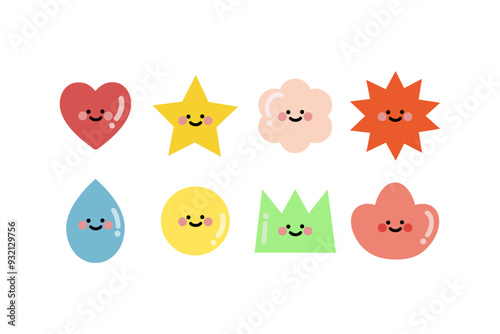 Set of cute abstract geometric shapes cartoon character. Colorful circle, heart, star, flower, raindrop. Education, learning, creativity concept. Flat vector design isolated illustration.