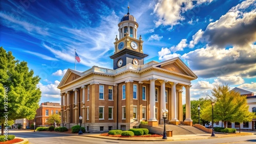 Historic neoclassical-style courthouse building with columns and clock tower stands proudly in the center of a bustling small town's scenic downtown area. photo