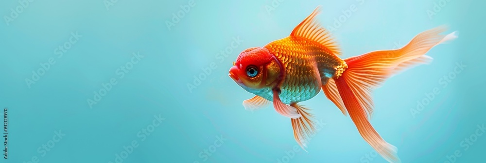 Oranda goldfish swimming gracefully on a light blue background, showcasing its striking appearance Oranda goldfish swimming gracefully on a light blue background, showcasing its striking appearance
