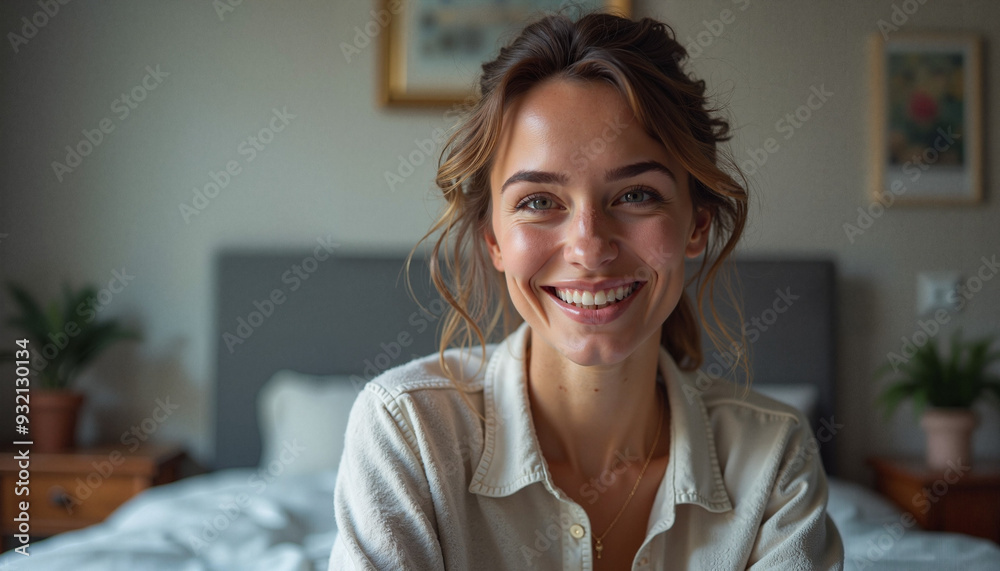 Woman with radiant smile relaxing in cozy bedroom Woman with radiant smile relaxing in cozy bedroom