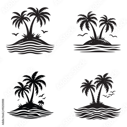 Coconut tree silhouette. Tropical palm trees black silhouette collection, Summer vacation concept. Vector isolated on white background