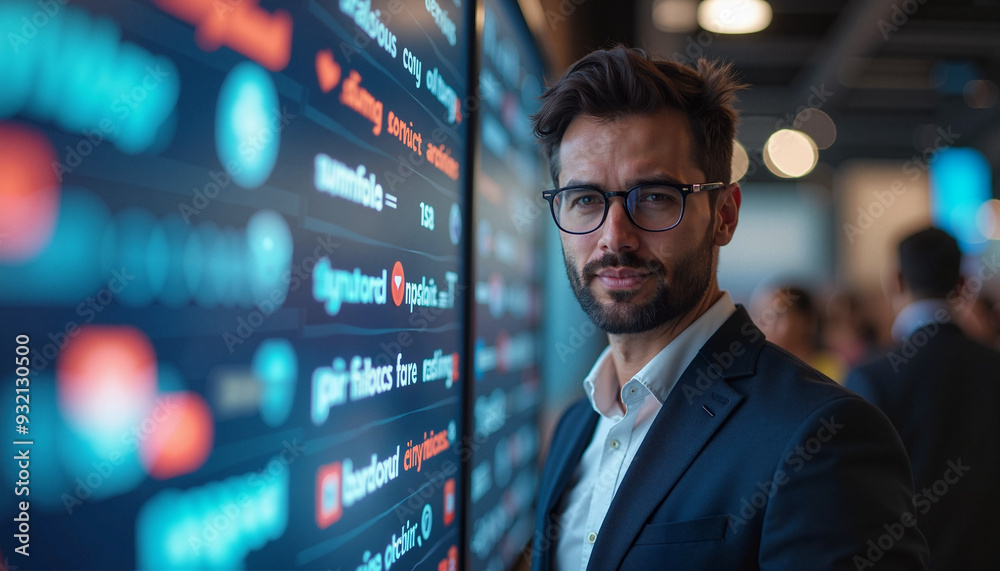 Confident businessman with focused expression analyzing data on digital screen against blurred office background Confident businessman with focused expression analyzing data on digital screen against blurred office background