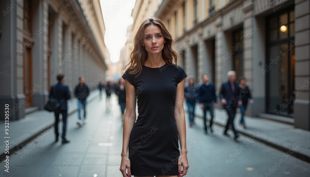 Fototapeta premium Confident woman in black dress standing on busy urban street against historic architecture