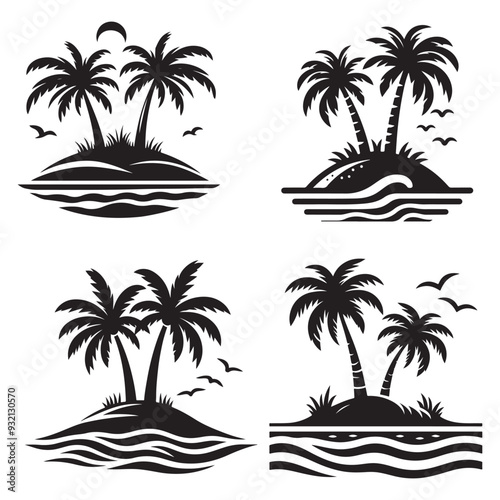 Coconut tree silhouette. Tropical palm trees black silhouette collection, Summer vacation concept. Vector isolated on white background