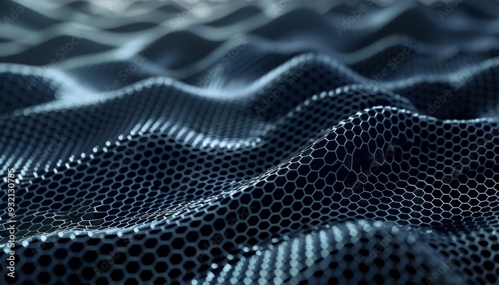 Futuristic honeycomb with black hexagons and a wave of particles, rendered in 3D for a mesmerizing Futuristic honeycomb with black hexagons and a wave of particles, rendered in 3D for a mesmerizing