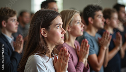 Diverse Group with Reverent Expressions Praying Together in Indoor Setting