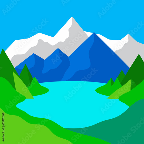 Vector Design Serene Mountain Lake with Turquoise Waters