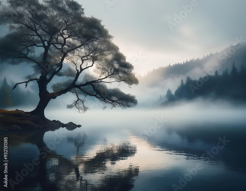 Foggy lakescape with mountains,  a tree and reflection in the water. photo