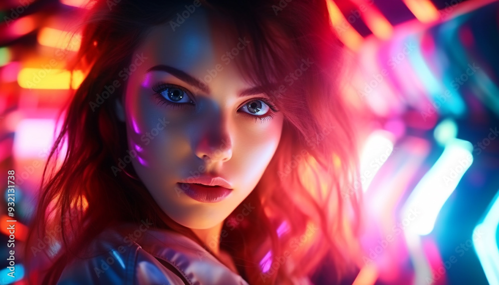 Young woman looking at the camera in the neon light Young woman looking at the camera in the neon light