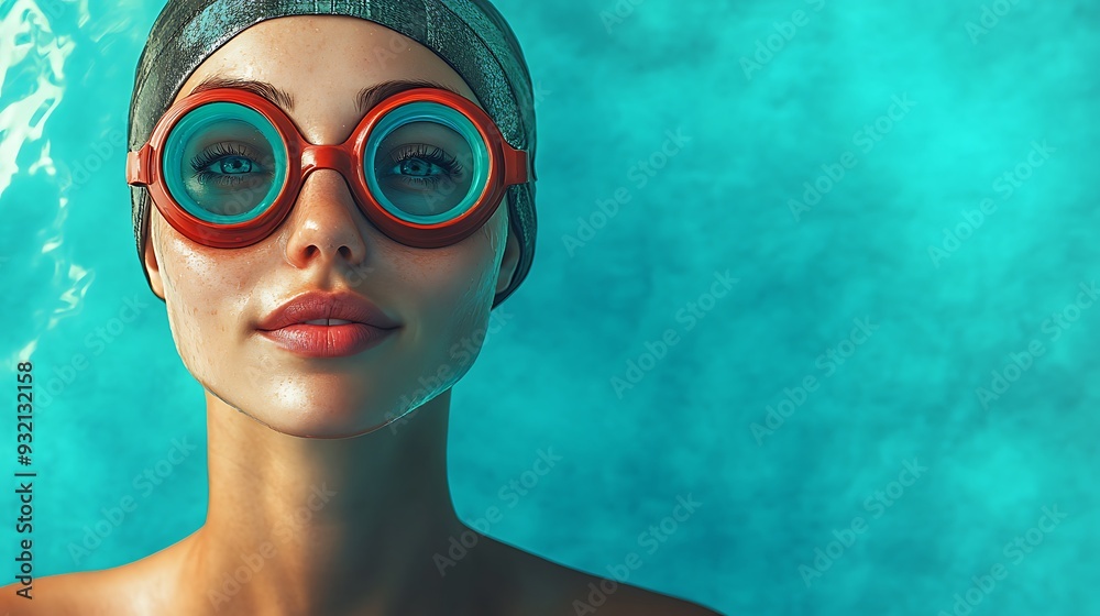 A woman with red goggles and a black swimming cap looks directly at the camera, with an aqua blue background. A woman with red goggles and a black swimming cap looks directly at the camera, with an aqua blue background.