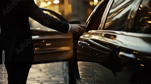 Driver Opening Door of Luxury Car Closeup. Chauffeur Service photo