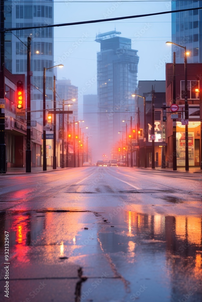 City Street at Dawn with Fog and Reflections City Street at Dawn with Fog and Reflections