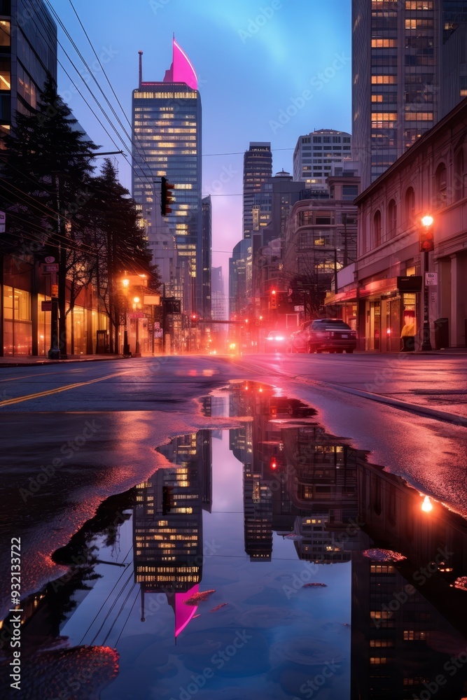 Fototapeta premium Cityscape Reflection in a Puddle at Night