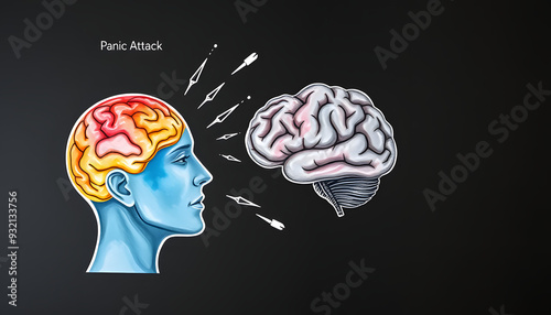 Panic attack and mental health awareness concept. Human head and brain drawing. Conceptual image with a lot of copy space for text on dark background. Close up, top view, flat lay isolated with whit photo