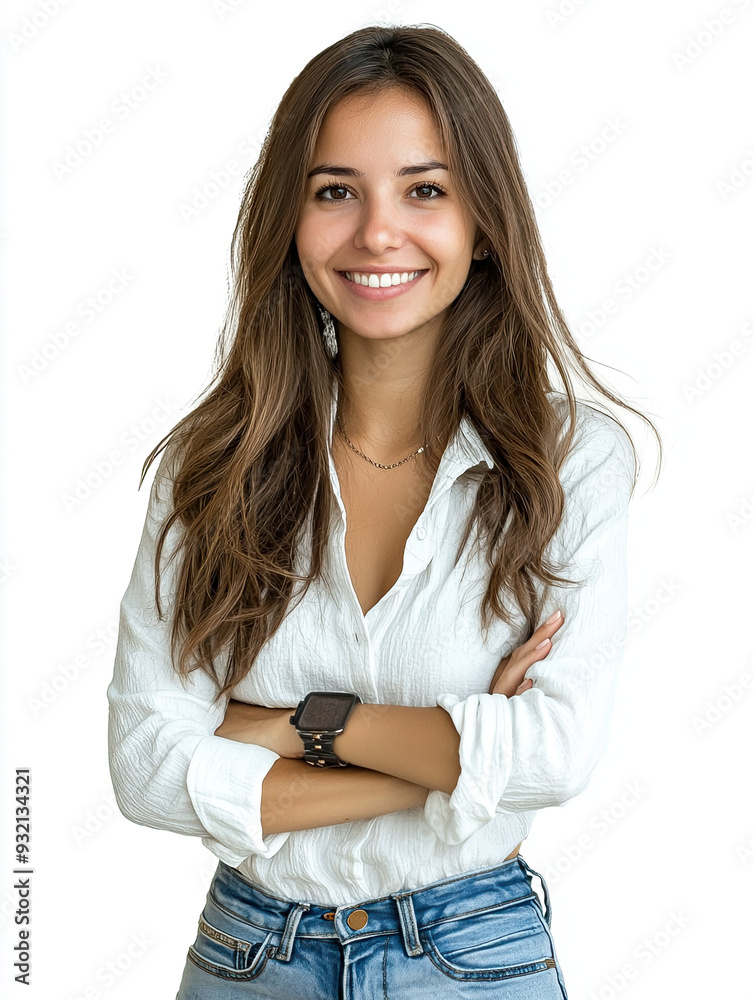 Smiling Young Woman Wearing an Apron with Arms Crossed, Radiating Confidence and Joy, Isolated on White Background Smiling Young Woman Wearing an Apron with Arms Crossed, Radiating Confidence and Joy, Isolated on White Background