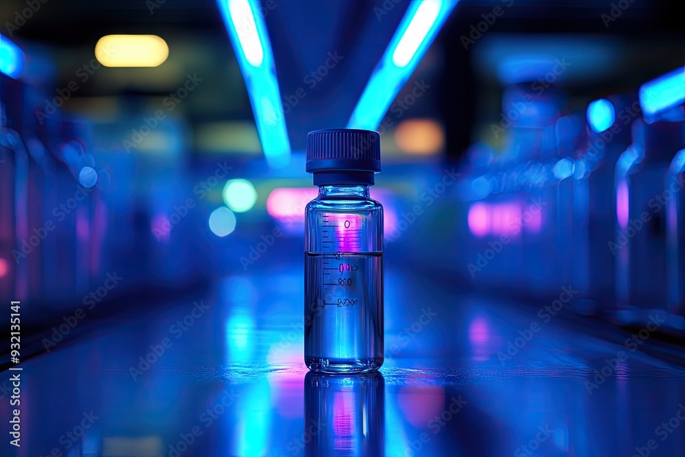 A glass bottle with liquid under blue lights. This image is perfect for illustrating concepts related to science, research, or medicine. A glass bottle with liquid under blue lights. This image is perfect for illustrating concepts related to science, research, or medicine.