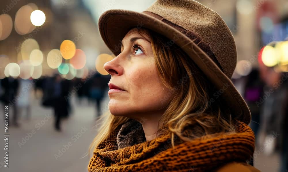 Portrait of a beautiful woman with hat on the background of the Christmas market Portrait of a beautiful woman with hat on the background of the Christmas market