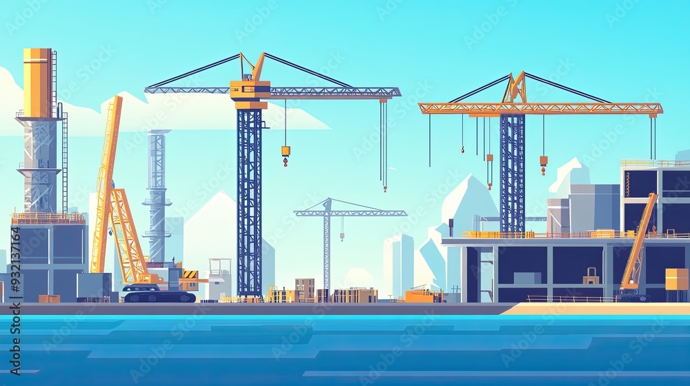 Modern offshore construction site in minimal flat design with sleek metallic elements