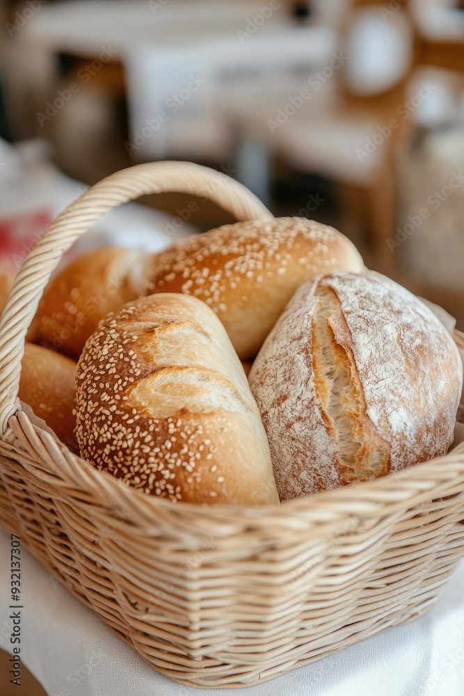 Rustic Basket Filled with Crispy, Freshly Baked Breads in Pastel Brown Rustic Basket Filled with Crispy, Freshly Baked Breads in Pastel Brown