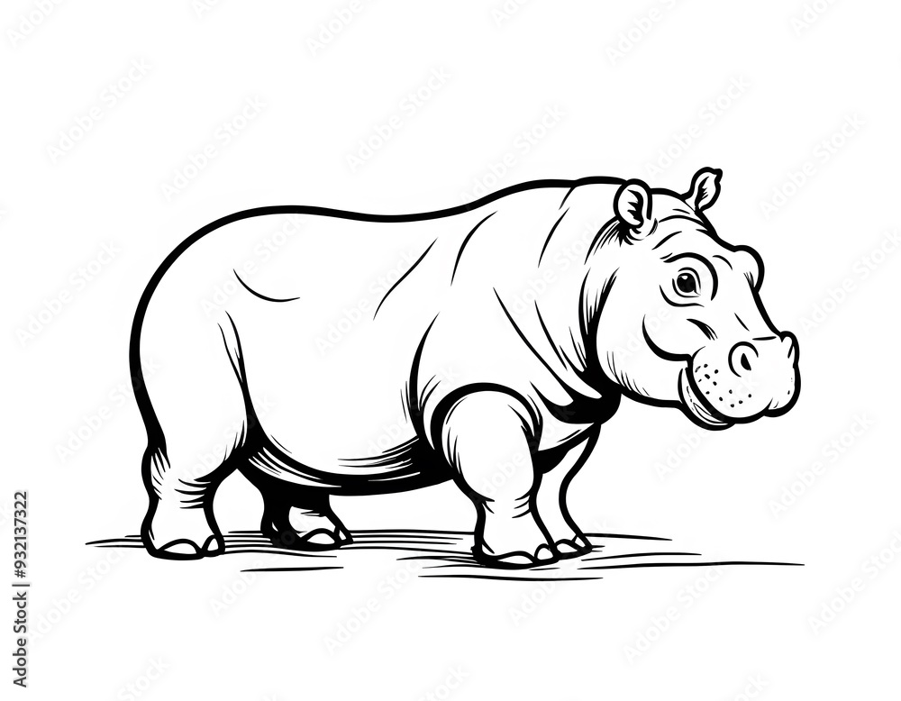 Fototapeta premium Drawing of a cute hippopotamus, for coloring for example.
