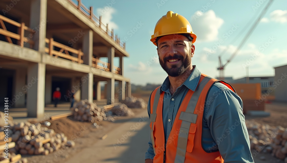 Smiling construction worker at job site. Engineer in safety gear at a building site. Confident contractor overseeing construction. Smiling construction worker at job site. Engineer in safety gear at a building site. Confident contractor overseeing construction.