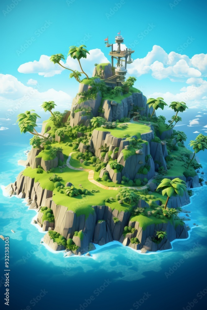 Fototapeta premium Tropical Island Paradise: Lush Green Cliffs and Palm Trees