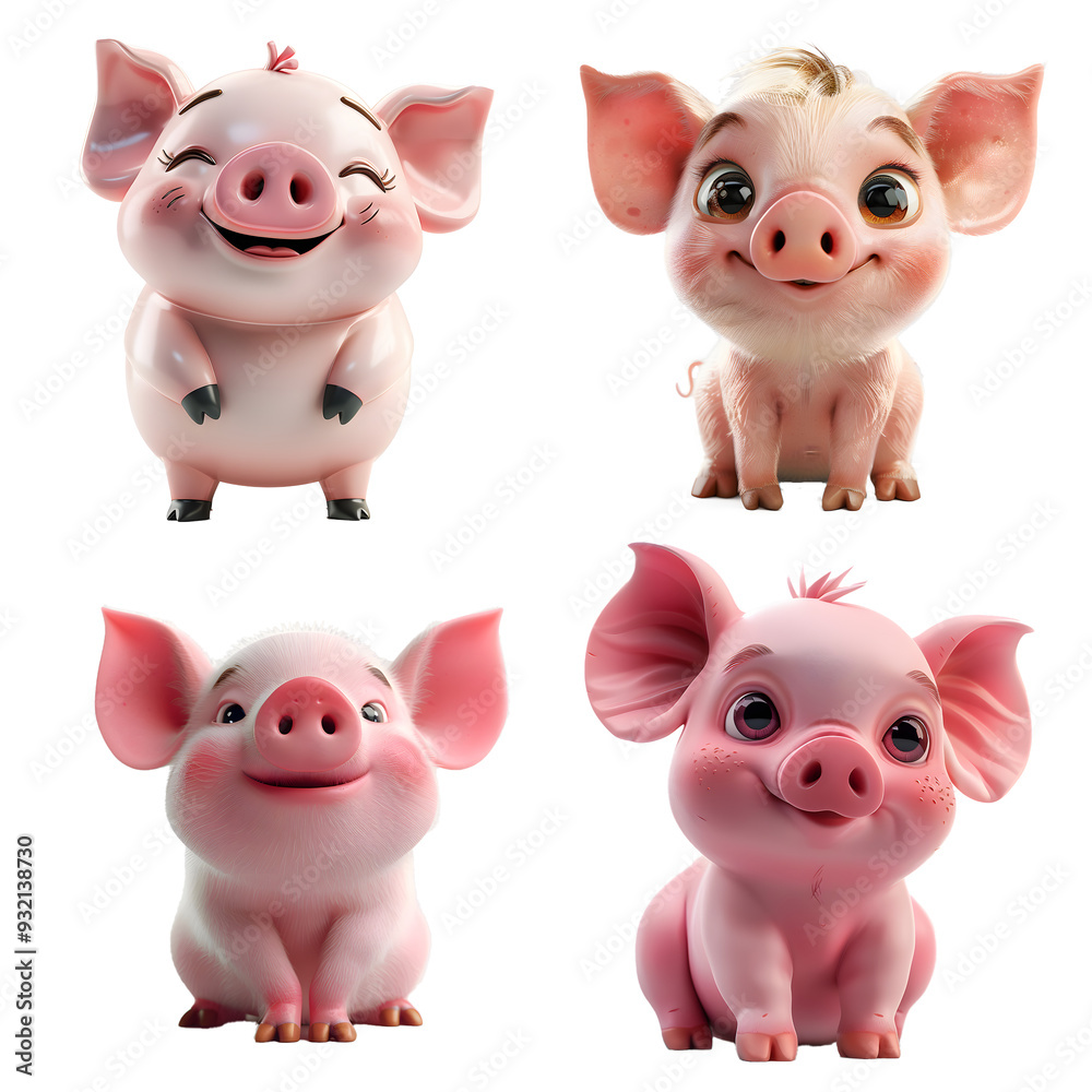 Four adorable cartoon pig characters display different cheerful expressions on transparent background, highlighting their playful personalities and charm. Four adorable cartoon pig characters display different cheerful expressions on transparent background, highlighting their playful personalities and charm.