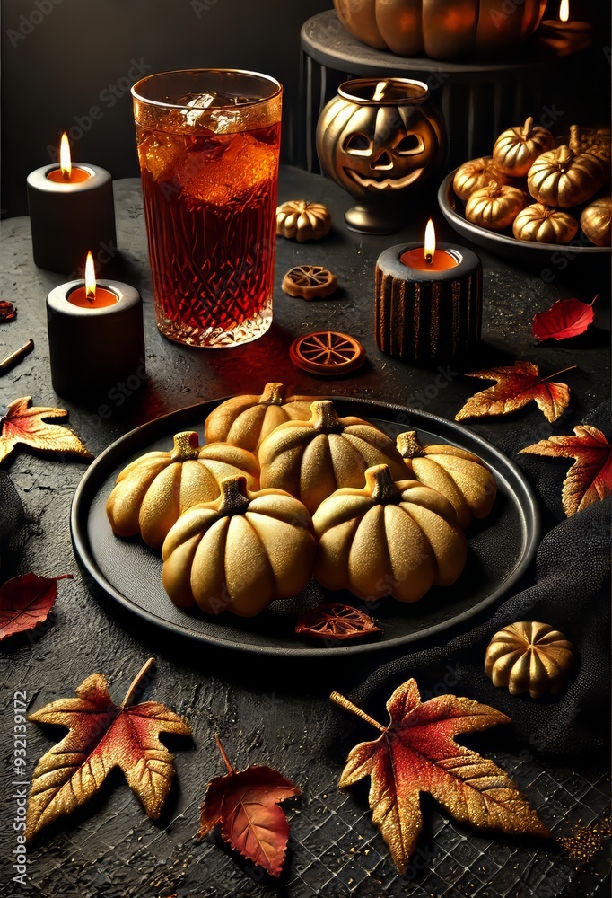 Menacing Jack-O'-Lantern with Black Candles in Dark Halloween Setting, scary black and golden halloween Menacing Jack-O'-Lantern with Black Candles in Dark Halloween Setting, scary black and golden halloween