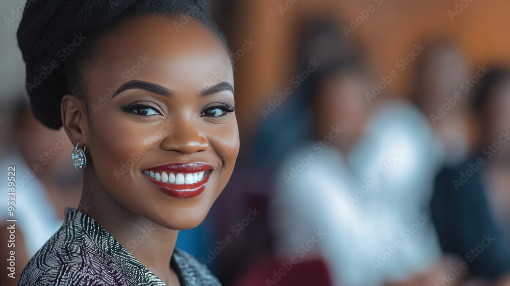 Professional African woman with a radiant smile engages attendees as she speaks at a business conference. With a blurred team in the backdrop, she embodies leadership and confidence. Professional African woman with a radiant smile engages attendees as she speaks at a business conference. With a blurred team in the backdrop, she embodies leadership and confidence.