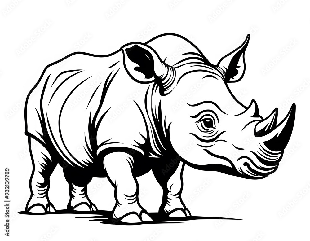 Fototapeta premium Drawing of a cute rhinoceros, for coloring for example.