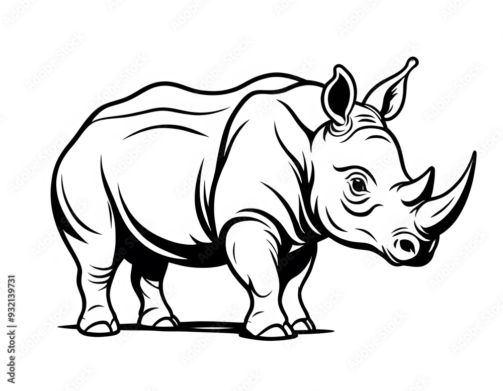 Fototapeta premium Drawing of a cute rhinoceros, for coloring for example.