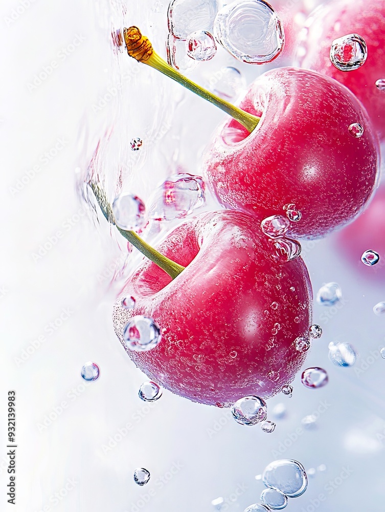A close up of three cherries falling into the water with bubbles A close up of three cherries falling into the water with bubbles