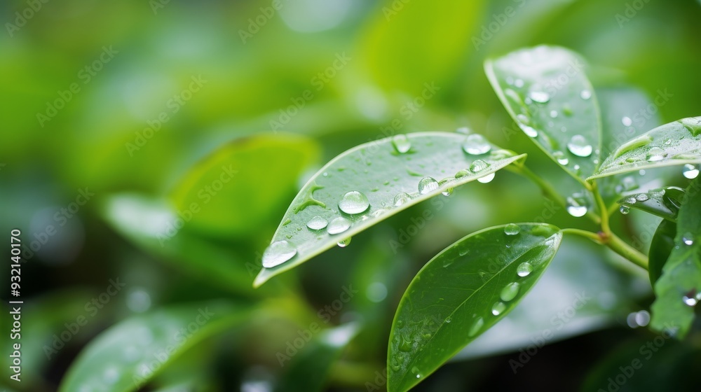 Fototapeta premium Close-Up of Dew Drops on Green Leaves