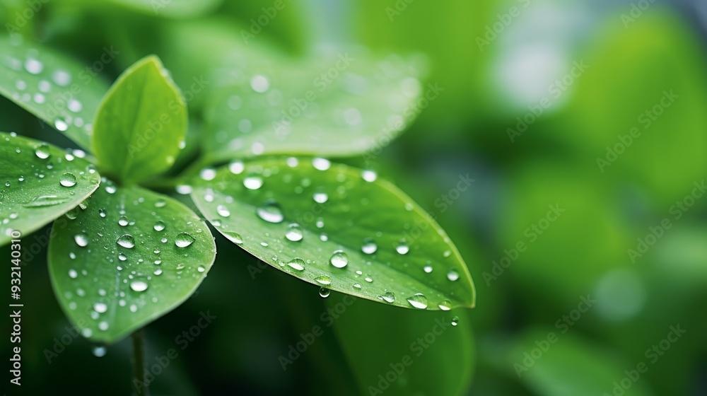 Close Up of Dew Drops on Green Leaves Close Up of Dew Drops on Green Leaves
