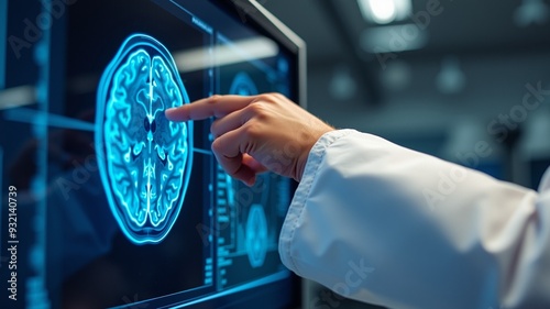 Brain scan illuminated with blue and white light. Hand points at a highlighted area on the computer screen. Laboratory background blurred. Medical technology, neuroscience research.