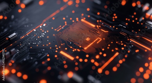 Close-up of a glowing microchip on a dark circuit board