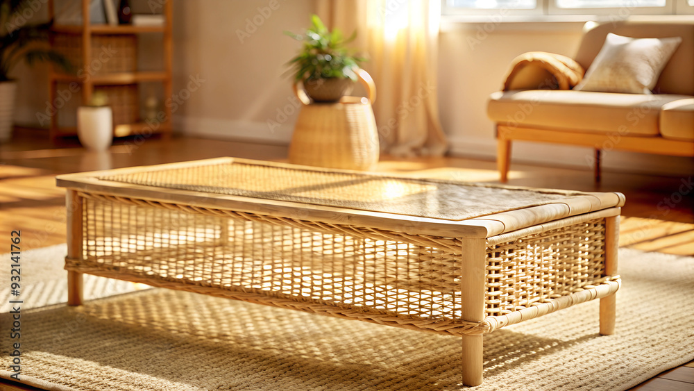 Clean empty rattan table in minimalist living room, rectangular table with tradition Clean empty rattan table in minimalist living room, rectangular table with tradition