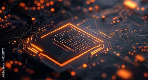 Close-up of a glowing microchip on a dark circuit board