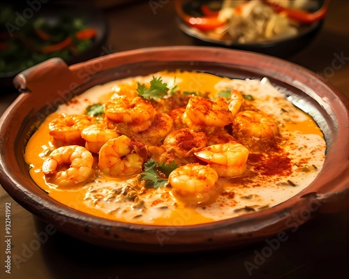 A plate of vatapa, a rich and creamy dish made with shrimp, bread, coconut milk, palm oil, and various spices.